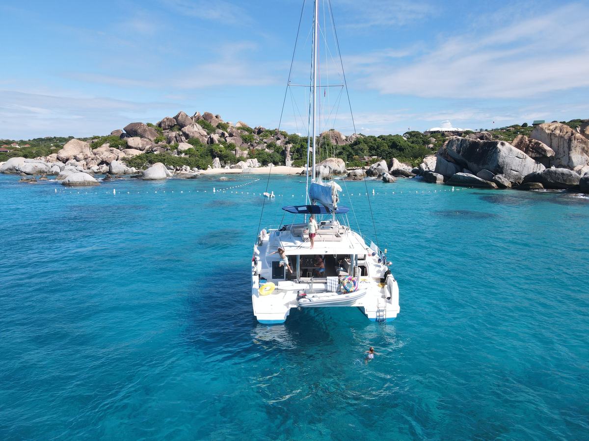 Drone view of Ne Plus Ultra off The Baths, Virgin Gorda, with granite boulders along the shoreline